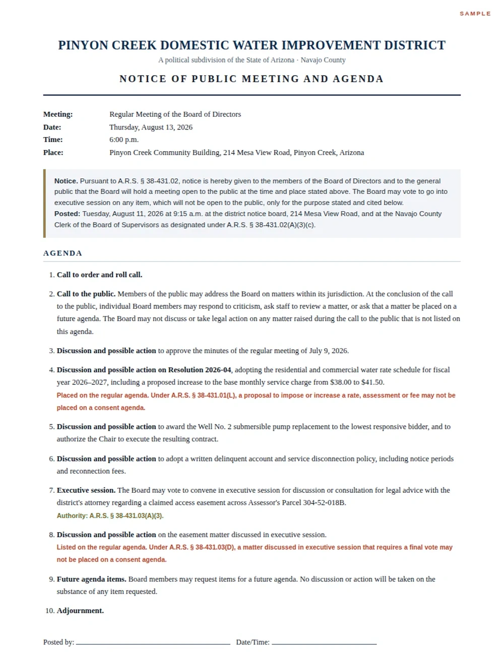 First page of a sample meeting notice and agenda: meeting date, time and place, the notice and posting record, and numbered agenda items, with an executive session cited to a specific statutory exemption.