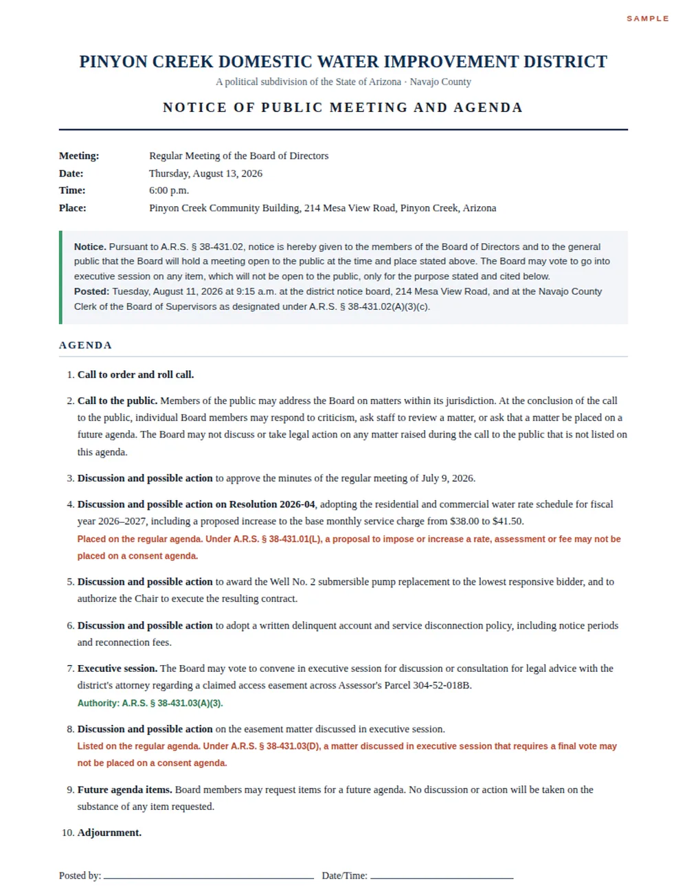 First page of a sample meeting notice and agenda: date, time, place, virtual access, statutory citation, and numbered agenda items including a consent agenda with statutory exclusions applied.
